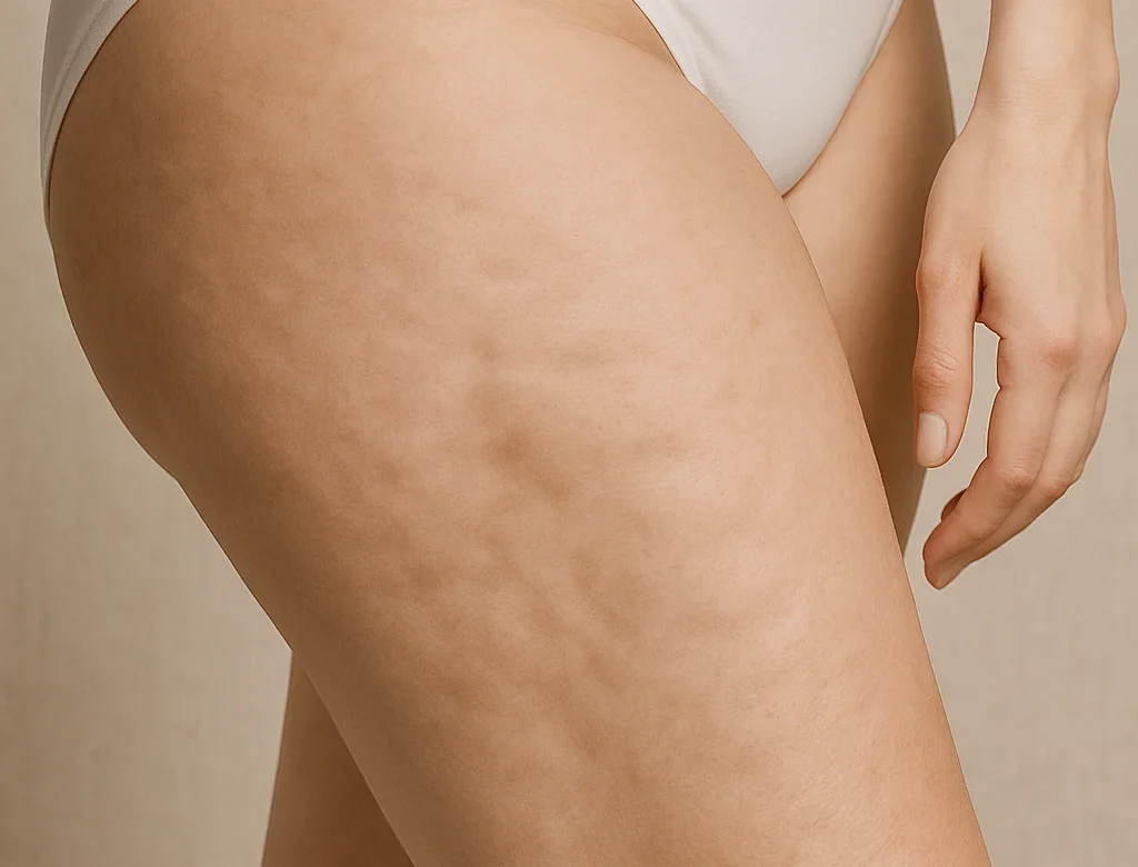 Detailfoto van een dij met cellulite, geschikt voor een pagina over huidverzorgingsproducten die helpen bij het verminderen van cellulite.